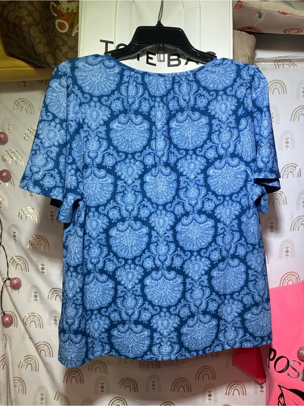 Michael Kors Navy and Light Blue Paisley Tie-Front Short Sleeve Top